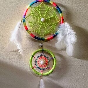 Handcrafted Neon Green Dreamcatcher with White Feathers